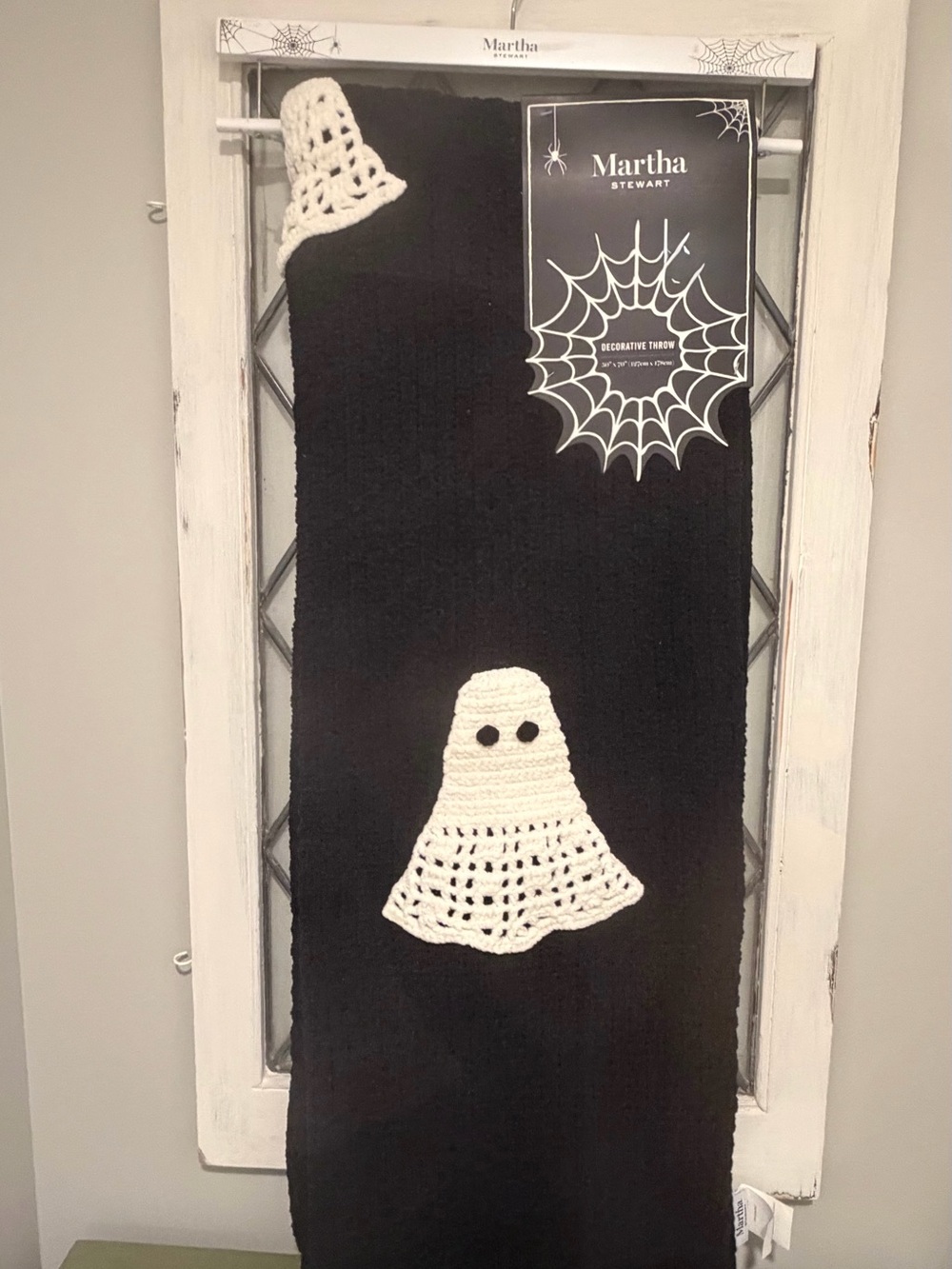 Martha Stewart Black Ghost Crochet Throw Blanket NWT Halloween cozy 50 x 70”